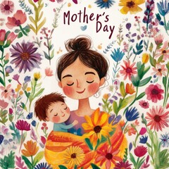 A young woman with small child in her arms wrapped in light colorful scarf on background of colorful flowers in watercolor technique. Mother's Day. A mother with a child in beautiful flowers.