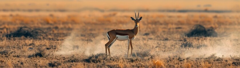 Gazelle Standing Amidst Dusty Savanna Landscape with Copy Space