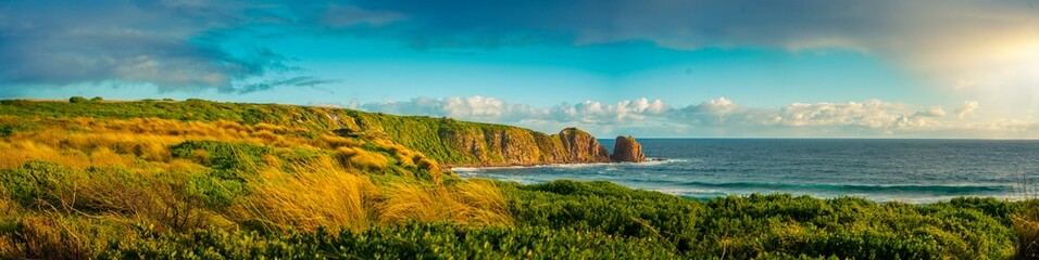 Panorama of Cape Woolamai beach showing the Pinnacles rock formation at sunset, Phillip Island,...