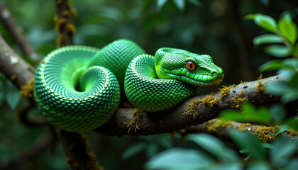 Fototapeta premium Caché parmi la végétation tropicale, le python émeraude se repose sur une branche, son regard fixe, prêt à bondir dans cette jungle vibrante et dense.