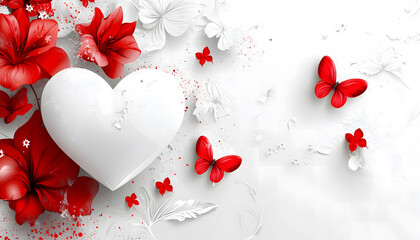 Romantic Heart with Butterflies and Flowers on Red Background