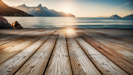 Fototapeta premium Empty wooden floor for product display montages with sea and mountain background.