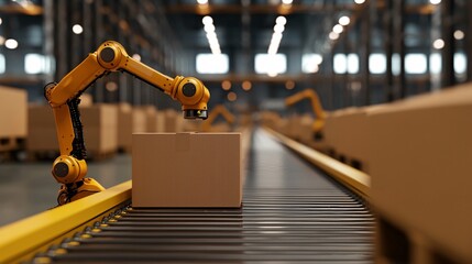 Fototapeta premium Robotic Arm Sorting Packages on Conveyor Belt