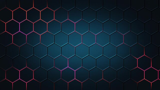Blue hexagons with red glow. Gradient background of honeycombs and red lava. Gaming pattern from geometric figure. Background of figures with six sides of red-hot magma. Grid sestet. Wall polygon.