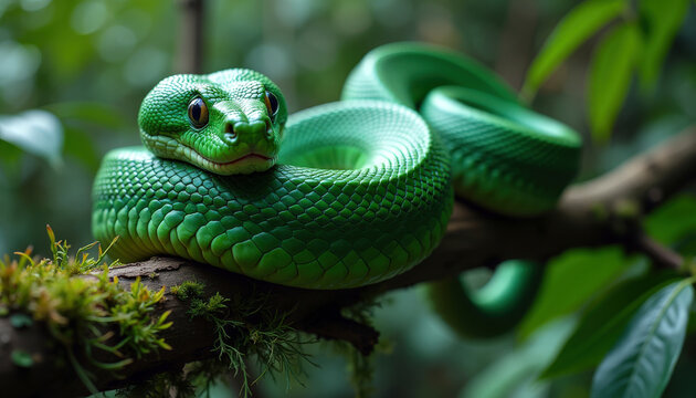 Un python &eacute;meraude repose sur une branche, ses &eacute;cailles vertes brillant &agrave; travers la canop&eacute;e &eacute;paisse, une parfaite harmonie avec la v&eacute;g&eacute;tation luxuriante qui l'entoure.