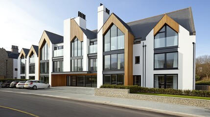 Fototapeta premium A sleek white house roof features neatly placed chimneys against a vibrant blue sky, exemplifying modern architecture and construction technique in a tranquil setting
