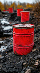 Naklejka premium An abandoned site featuring rusty red barrels marked with hazardous symbols, surrounded by dark, contaminated soil.