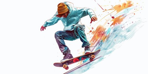 Skateboarding Action in Watercolor Style