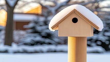 Naklejka premium A charming wooden birdhouse rests on a tree in a serene winter park, surrounded by freshly fallen snow. The peaceful environment invites birds to nest and thrive