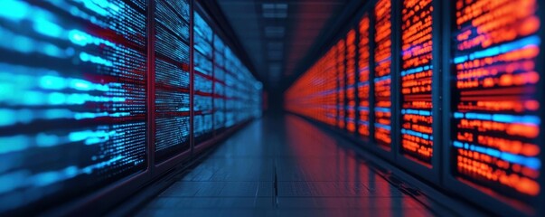 AI-powered cybersecurity platform, data encryption layers, holographic firewalls, sleek control center with neon blue accents