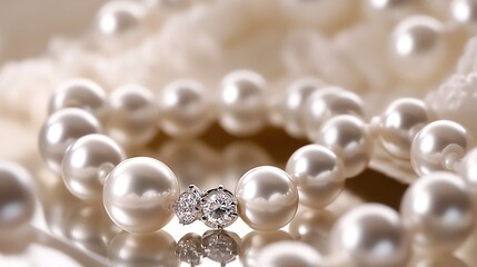 Elegant pearl necklace with a sparkling diamond centerpiece, beautifully arranged on a soft fabric background.
