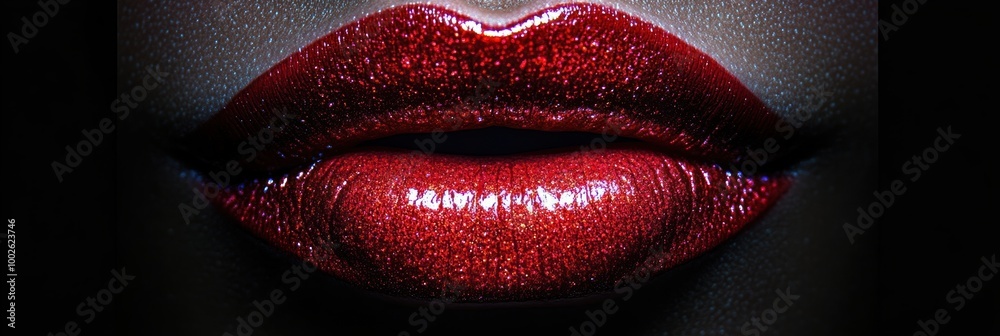 Aufkleber close-up of vibrant, glossy lips displaying a shiny red finish against a dark background. generative