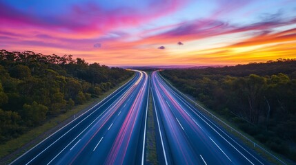 A multi-lane highway situated in the Australian outback, framed by colorful clouds and a vivid evening sky