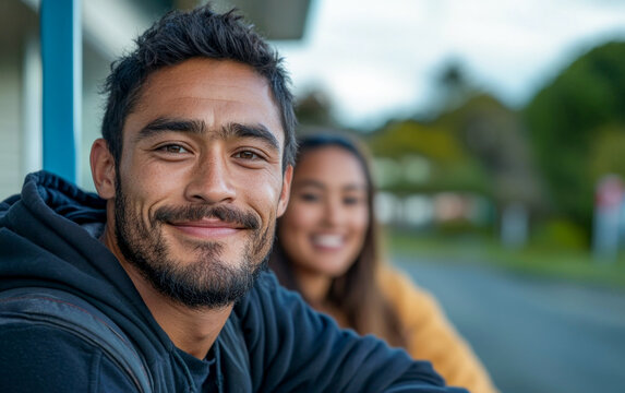 Two friends enjoying a casual moment outdoors in a lively neighborhood during the late afternoon light.