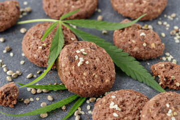 Cannabis leaves and baked chocolate cookies infused crushed hemp seeds and cbd oil closeup on  dark grey stone table.