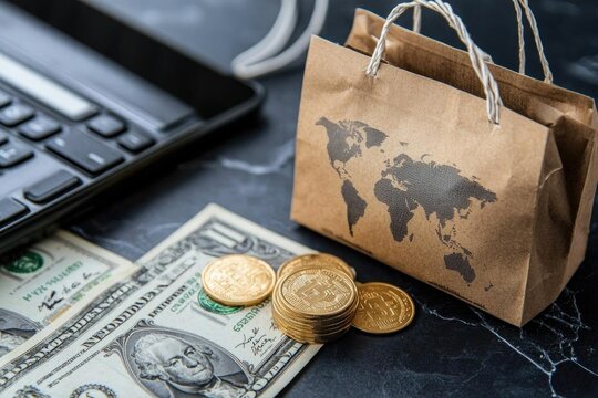 Financial concepts represented with currency, shopping bag, and calculator, symbolizing global commerce and transactions.