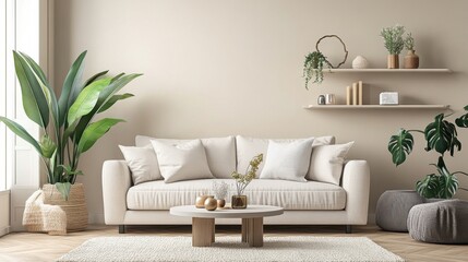 Cozy Domestic Living Room with Beige Sofa Perfect for Home Decor Inspiration