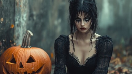 Obraz premium Dark Gothic Halloween Aesthetic with Pumpkins and Mysterious Girl