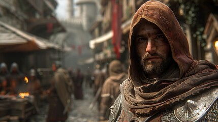 A Hooded Warrior Stands Confidently in a Medieval Marketplace Filled With Bustling Activity