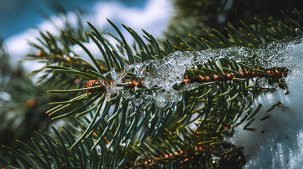 Needles in snow against the background of sunlight