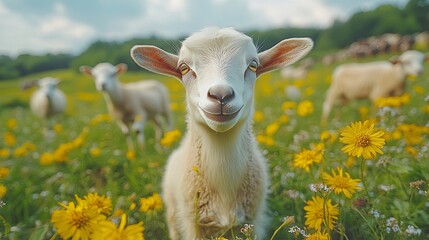 Fototapeta premium Close-up of a goat in a flock, looking at the camera, with other goats in the background, soft background, peaceful green field with wildflowers landscape
