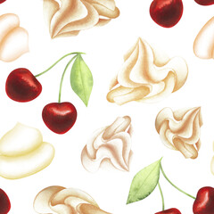 Fototapeta premium Red cherry, vanilla marshmallow and meringue. Seamless pattern on a white background painted with watercolor. For design, textile, wallpaper, fabric, packaging, scrapbooking