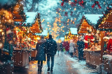 Vibrant Christmas market with colorful stalls and holiday lights, showcasing a couple strolling and soaking in the festive mood.