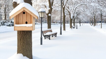 Naklejka premium A charming wooden birdhouse rests on a tree in a serene winter park, surrounded by freshly fallen snow. The peaceful environment invites birds to nest and thrive