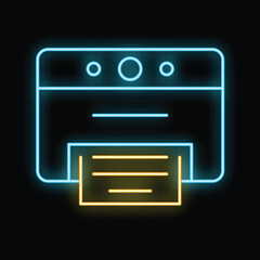 Neon printer icon glowing on a black background, great for technology and office concepts