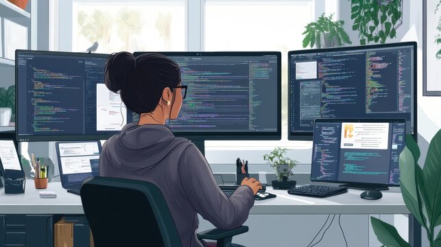 Modern Female Programmer Working at Multi-Screen Computer Setup