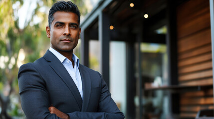 Fototapeta premium Confident Businessman in Suit Standing Outdoors with Arms Crossed