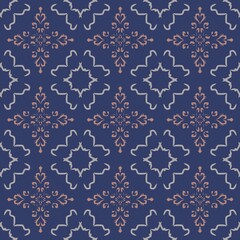 Vector abstract geometric floral seamless pattern. Subtle dark blue background. Simple minimal oriental ornament. Elegant texture with small diamond shapes, stars, rhombuses, grid. Repeat geo design