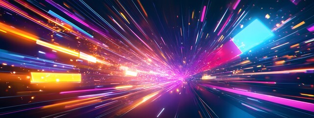 Naklejka premium Abstract background with colorful light streaks and geometric shapes, creating an atmosphere of energy and excitement for the digital tech conference presentation or event