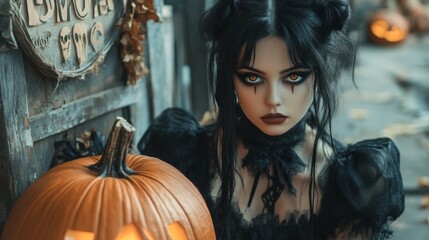 Fototapeta premium Dark Gothic Halloween Aesthetic with Pumpkins and Mysterious Girl