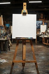 Poster mockup on an easel stand in an art studio, surrounded by painting tools