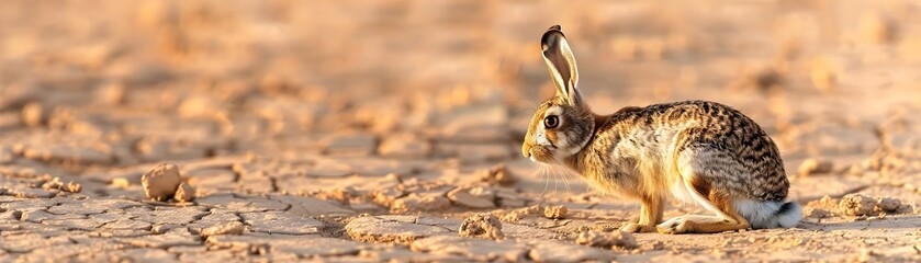 Obraz premium Camouflaged Desert Hare Poised to Bolt from Dry Sandy Ground