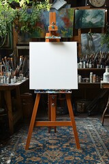 Poster mockup on an easel stand in an art studio, surrounded by painting tools