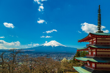Red pagoda Shimoyoshida shrine with snow on Fuji mountain