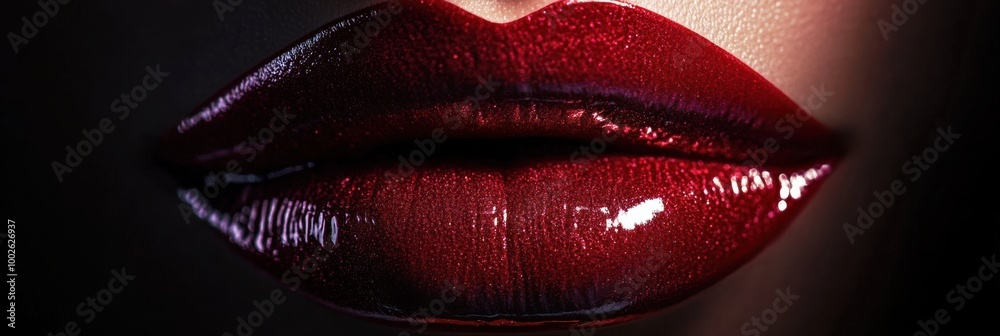 Poster a close-up view of glossy lips featuring a vibrant, shiny finish under soft lighting capturing the a
