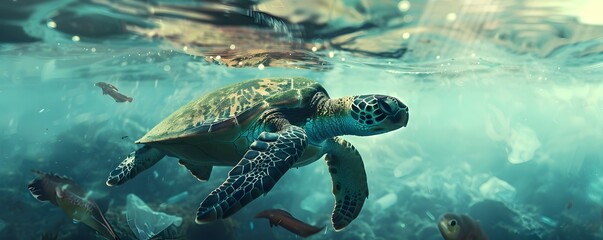 Fototapeta premium Sea Turtle Struggling Through Plastic Waste in Polluted Ocean Environment