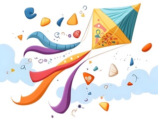 Elegantly Ascending Kite with Vibrant Fluttering Tail and Playful Patterns Against the Sky