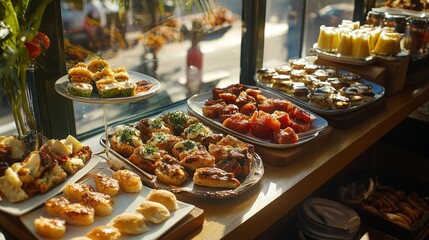 Assorted Spanish tapas served at a tapas bar, taken from a high angle, with clear windows providing bright ambiance.