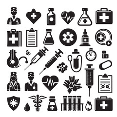 Nursing elements black vector black color silhouette white color background