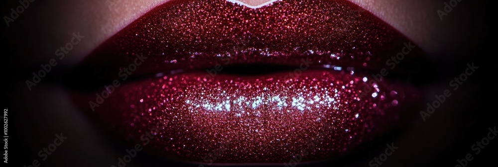 Poster Glossy close-up of vibrant, shiny lips reflecting light in an artistic display of color and texture during evening beauty routine. Generative AI