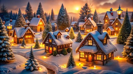 Cozy Christmas village with warm glow against snowy winter landscape, festive holiday scene.