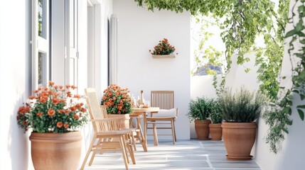 Naklejka premium A modern with clean white walls, simple wooden furniture, and terracotta pots filled with flowers