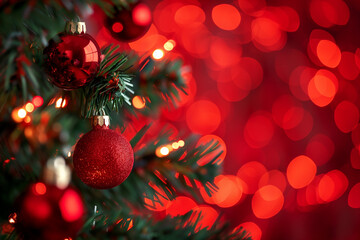 Red Christmas baubles hanging on a green Christmas tree with blurred bokeh red lights in the background, traditional holiday festive decoration