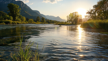 Obraz premium A clear, uncluttered view of a river gently reflecting the evening light