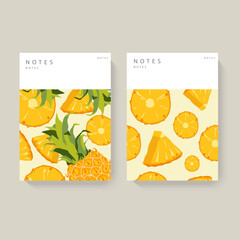 Two illustrated notebooks with pineapple patterns on a white background. Minimalist design with a white header for text. Concept of stationery. Perfect for journaling