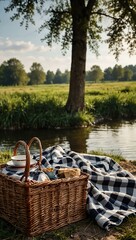 Riverside picnic with a checkered blanket and wicker basket.
